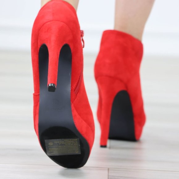 Red Platform Ankle Boots High Heel Stilettos Faux Suede - Picture 7 of 12